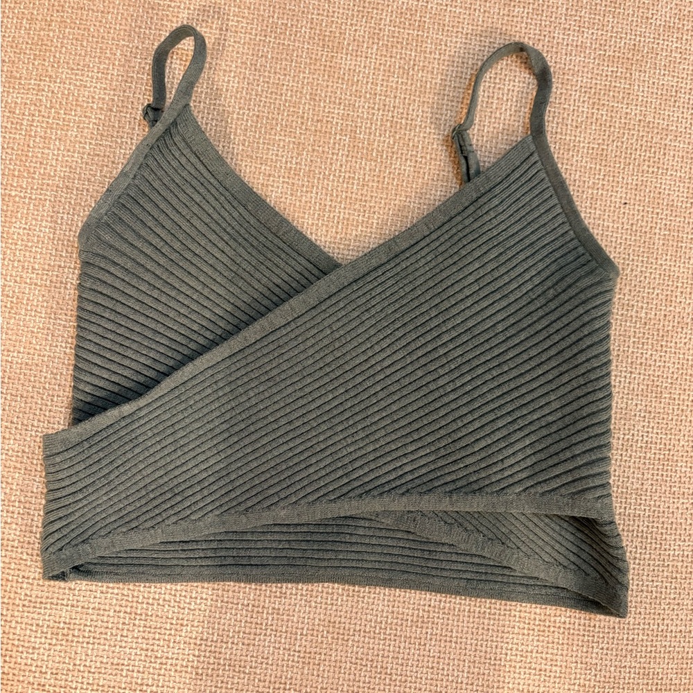 Aerie Ribbed Dark Green Sweater Wrap Crop Top